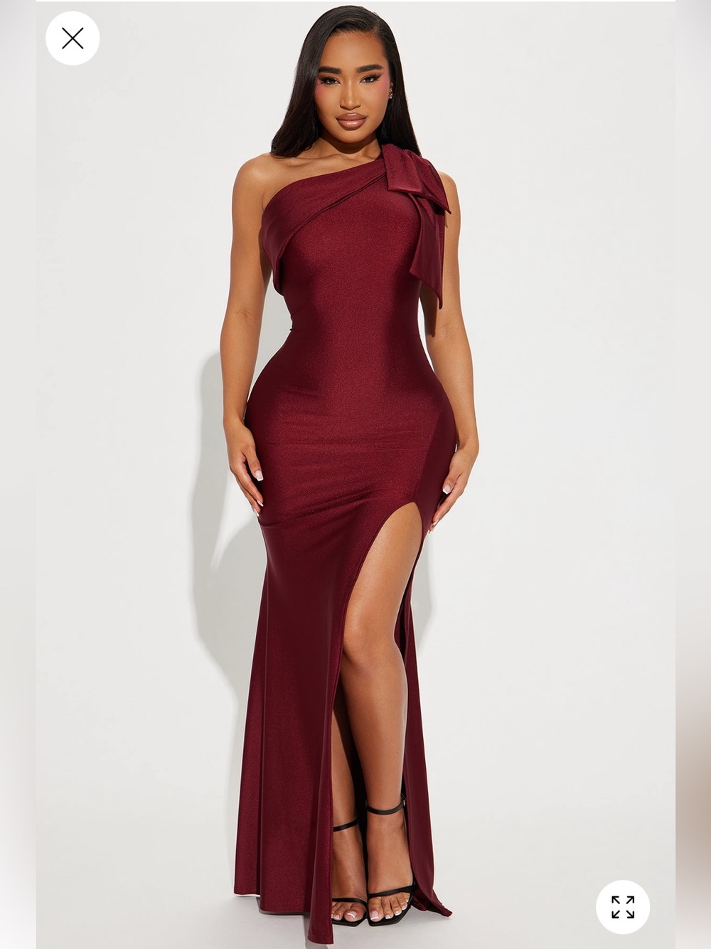 Fashion Nova One-Shoulder Burgundy Evening Gown with Side Slit
